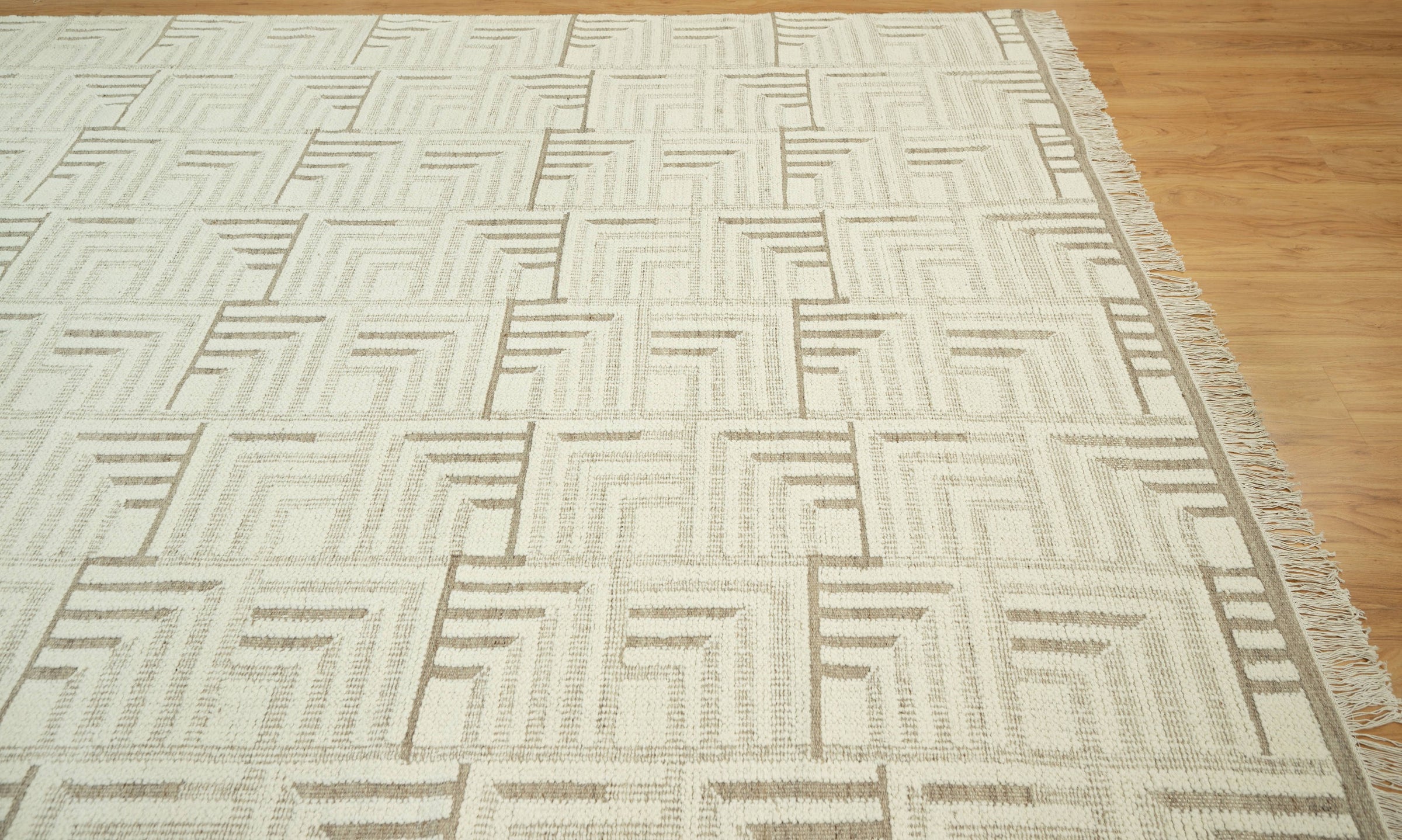 Warm Grain Gorge Ivory Wool Rug, Hand-Knotted Greek Key Maze, Cream Greige Area Rug 8x10 | Custom Size