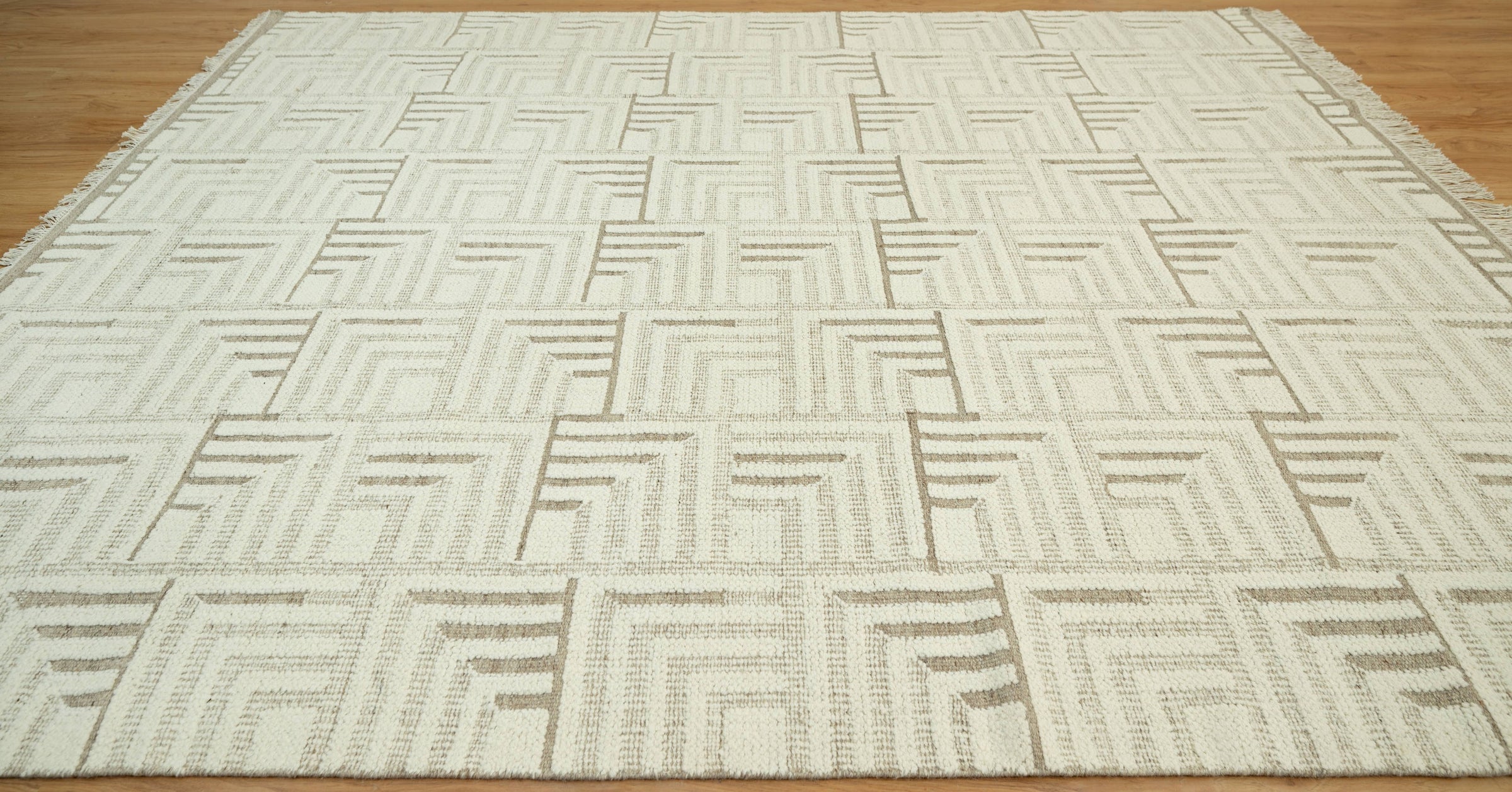 Warm Grain Gorge Ivory Wool Rug, Hand-Knotted Greek Key Maze, Cream Greige Area Rug 8x10 | Custom Size