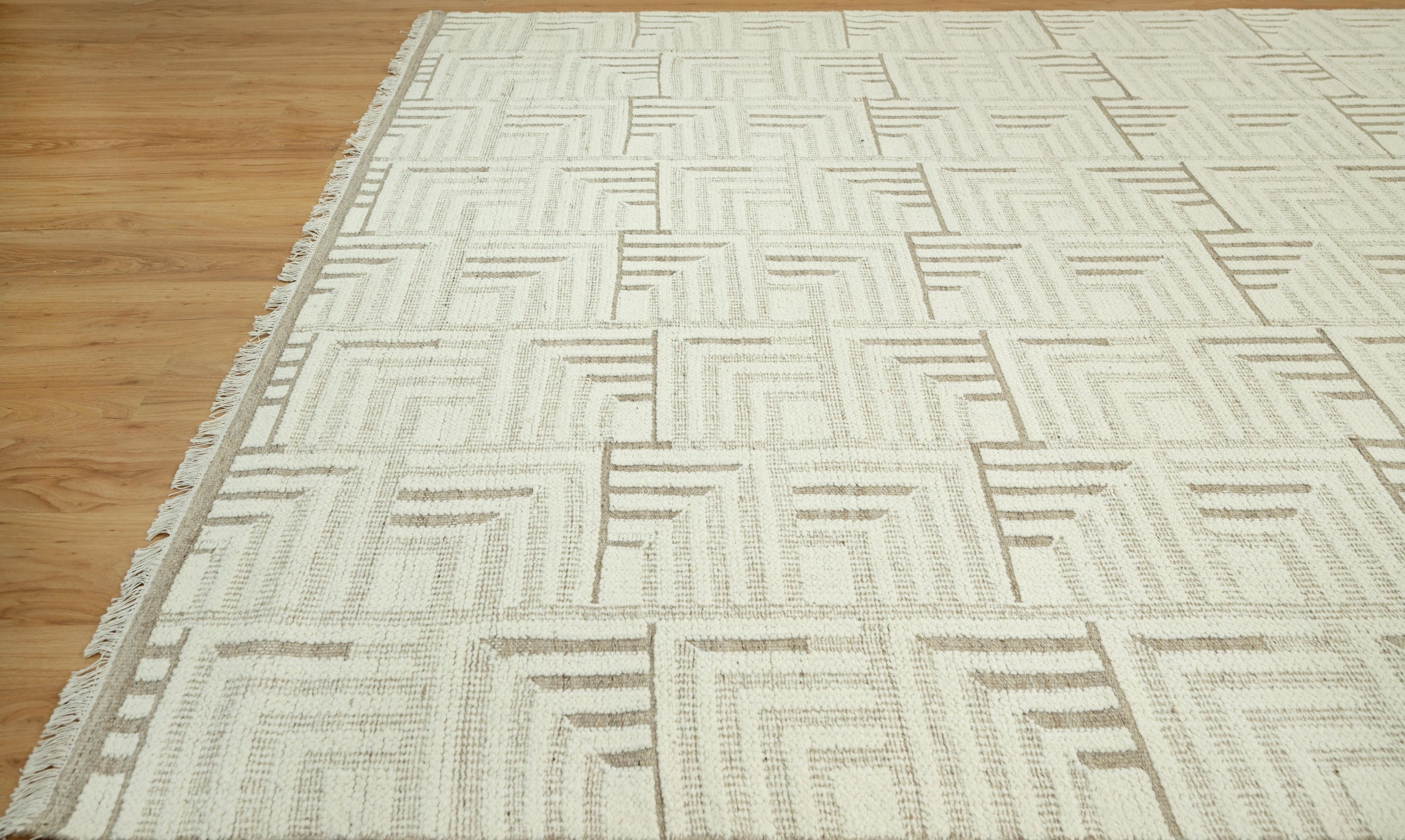 Warm Grain Gorge Ivory Wool Rug, Hand-Knotted Greek Key Maze, Cream Greige Area Rug 8x10 | Custom Size