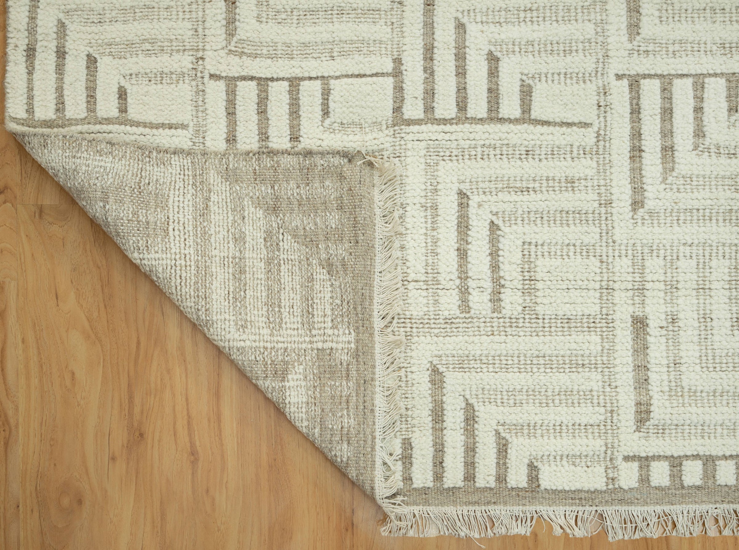 Warm Grain Gorge Ivory Wool Rug, Hand-Knotted Greek Key Maze, Cream Greige Area Rug 8x10 | Custom Size