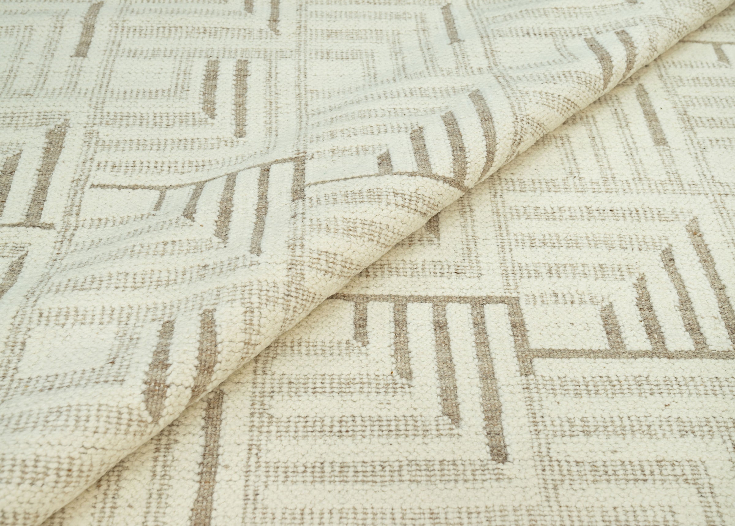 Warm Grain Gorge Ivory Wool Rug, Hand-Knotted Greek Key Maze, Cream Greige Area Rug 8x10 | Custom Size