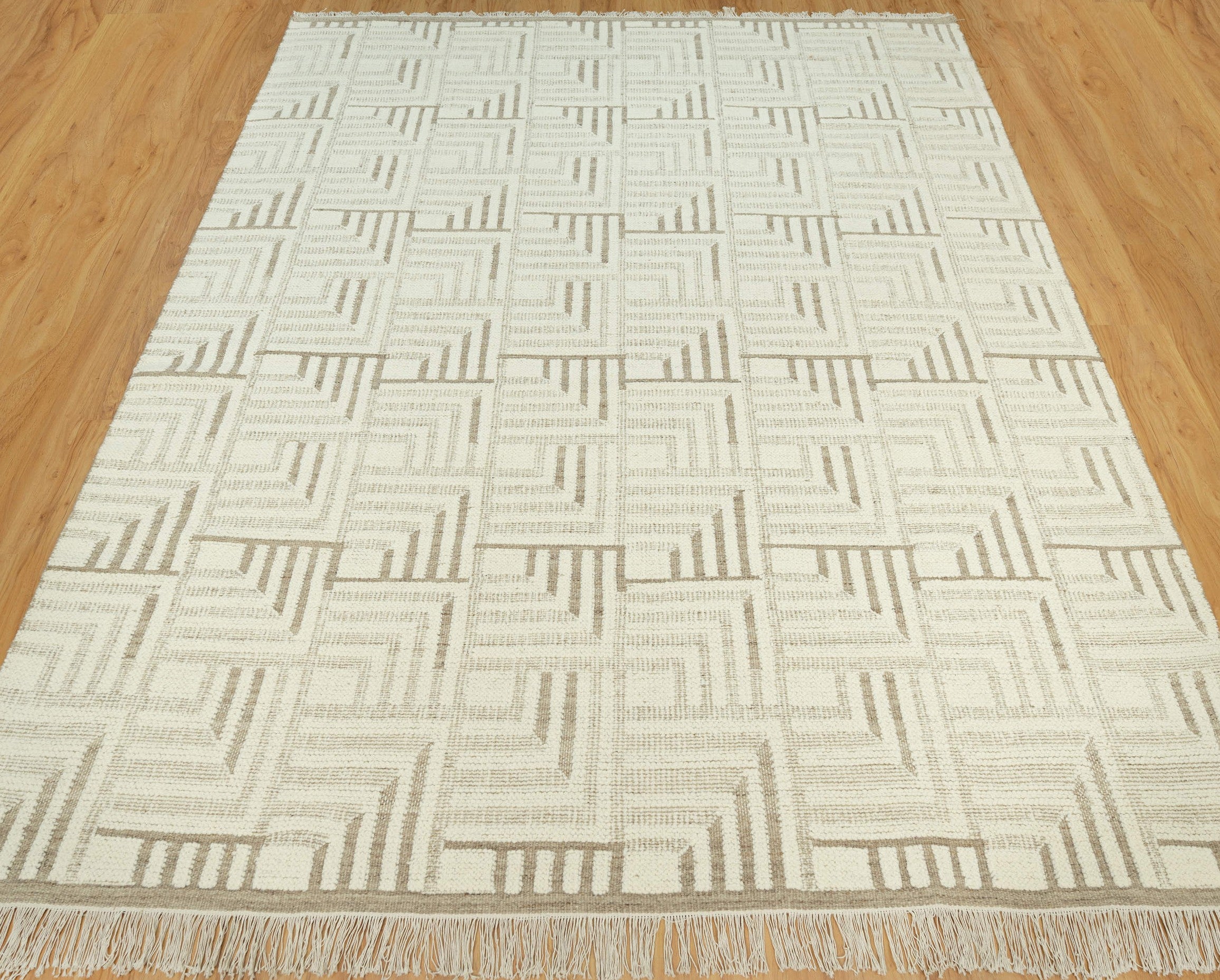 Warm Grain Gorge Ivory Wool Rug, Hand-Knotted Greek Key Maze, Cream Greige Area Rug 8x10 | Custom Size