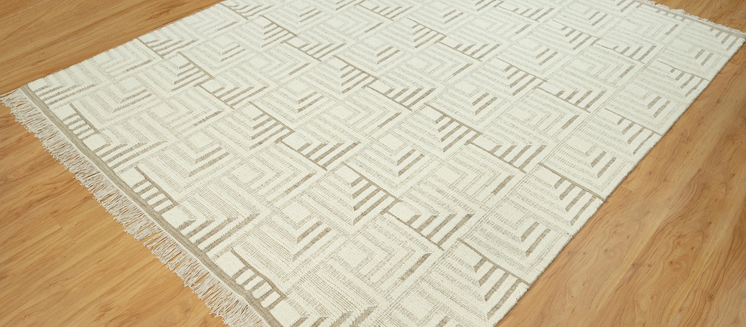 Warm Grain Gorge Ivory Wool Rug, Hand-Knotted Greek Key Maze, Cream Greige Area Rug 8x10 | Custom Size