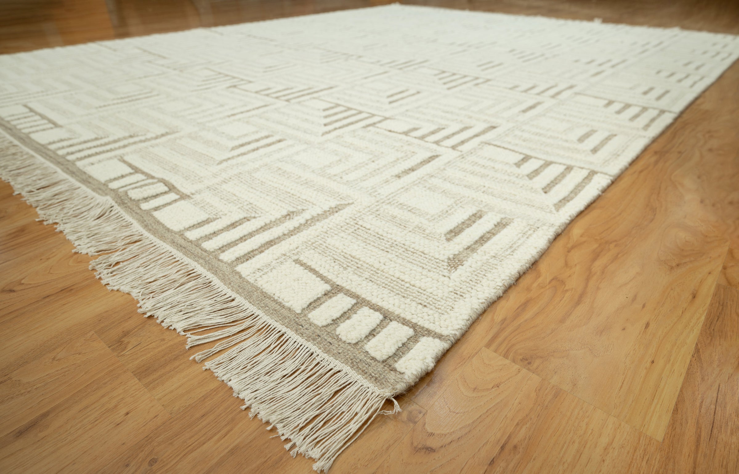 Warm Grain Gorge Ivory Wool Rug, Hand-Knotted Greek Key Maze, Cream Greige Area Rug 8x10 | Custom Size