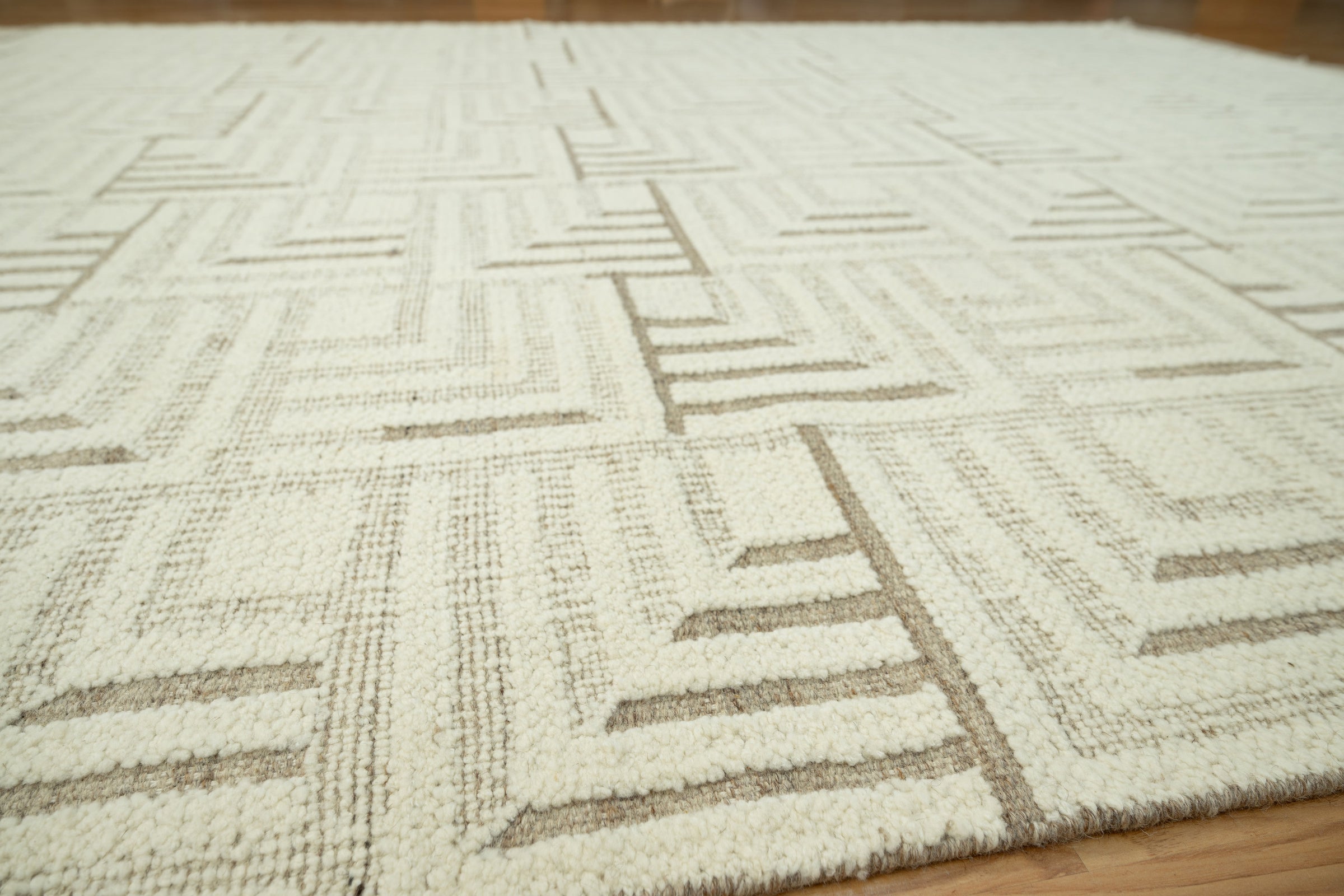 Warm Grain Gorge Ivory Wool Rug, Hand-Knotted Greek Key Maze, Cream Greige Area Rug 8x10 | Custom Size
