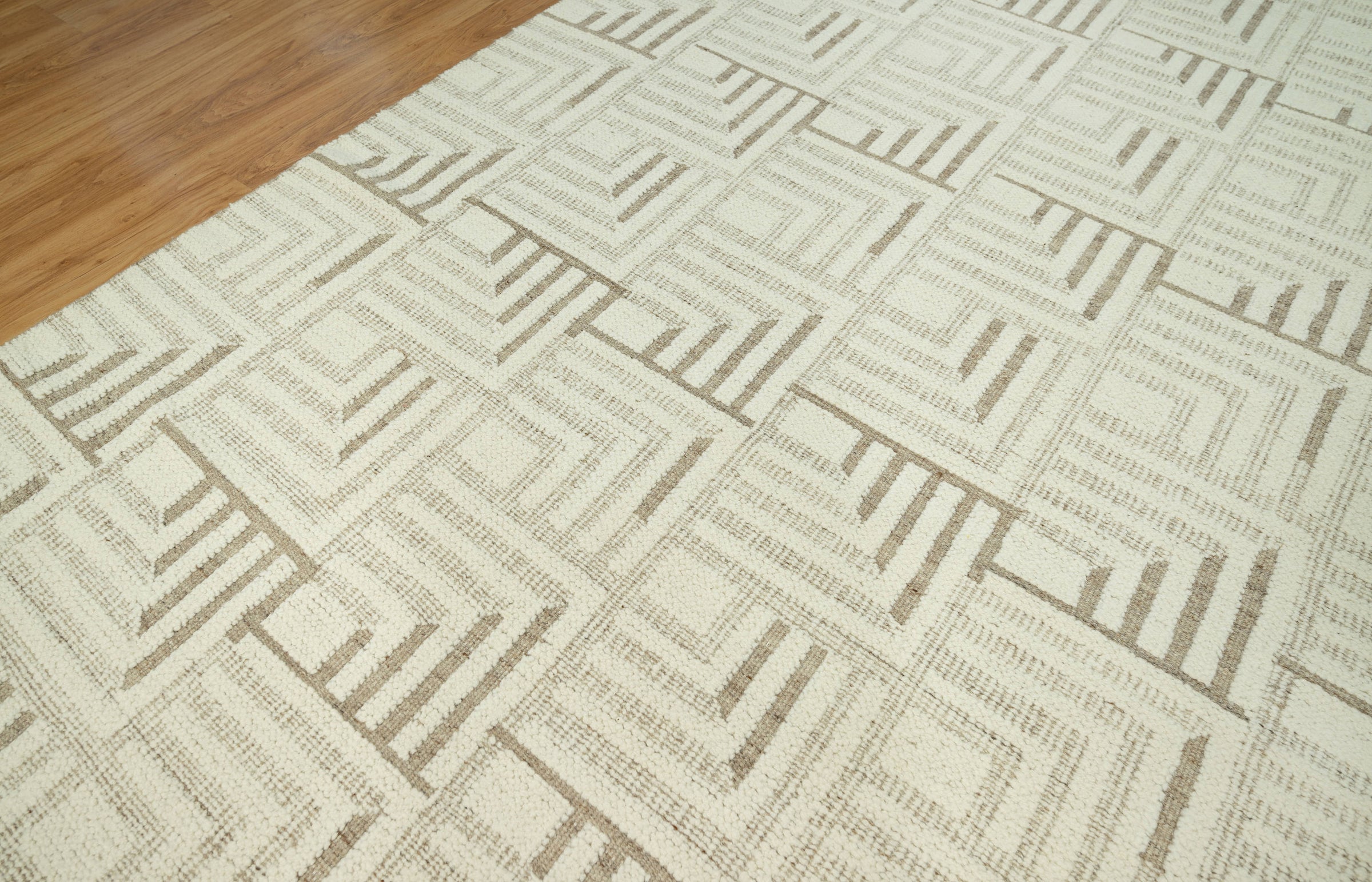 Warm Grain Gorge Ivory Wool Rug, Hand-Knotted Greek Key Maze, Cream Greige Area Rug 8x10 | Custom Size