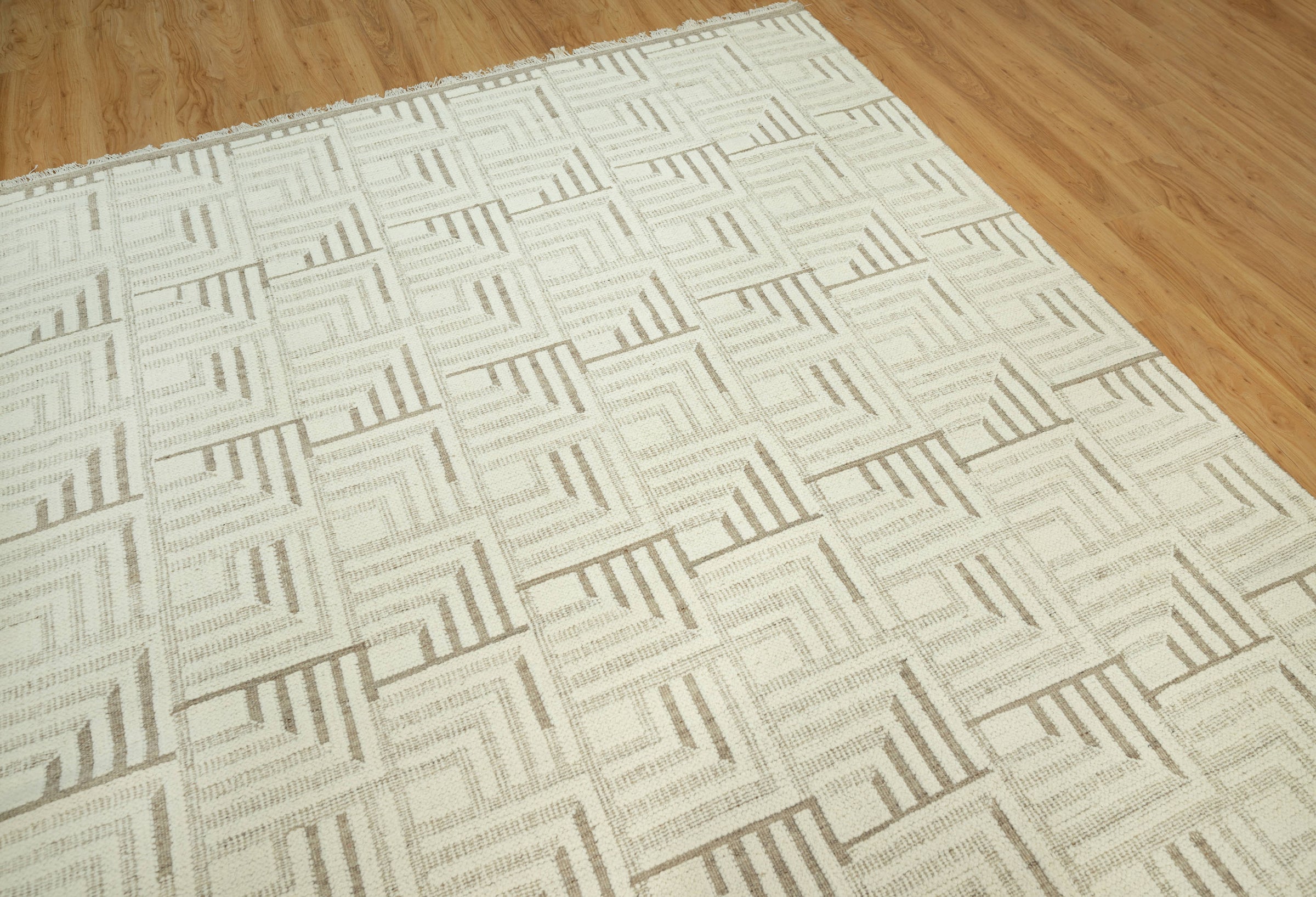 Warm Grain Gorge Ivory Wool Rug, Hand-Knotted Greek Key Maze, Cream Greige Area Rug 8x10 | Custom Size