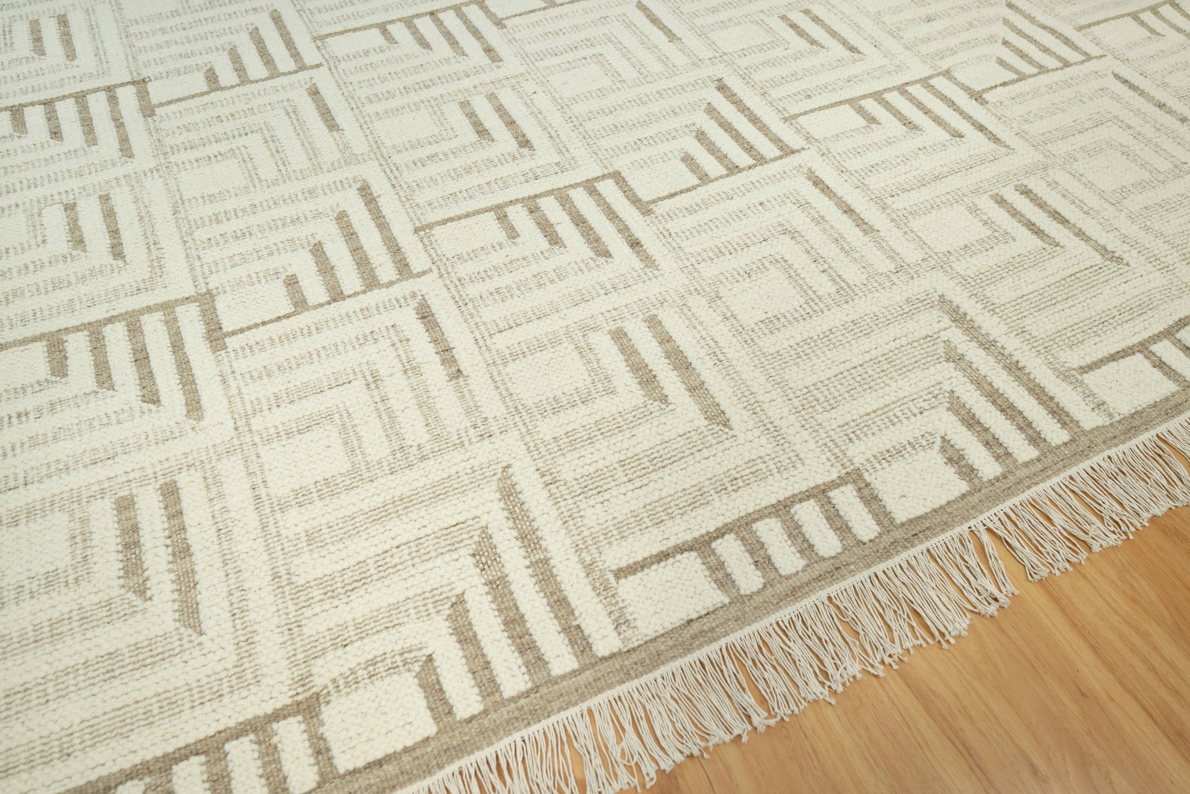 Warm Grain Gorge Ivory Wool Rug, Hand-Knotted Greek Key Maze, Cream Greige Area Rug 8x10 | Custom Size