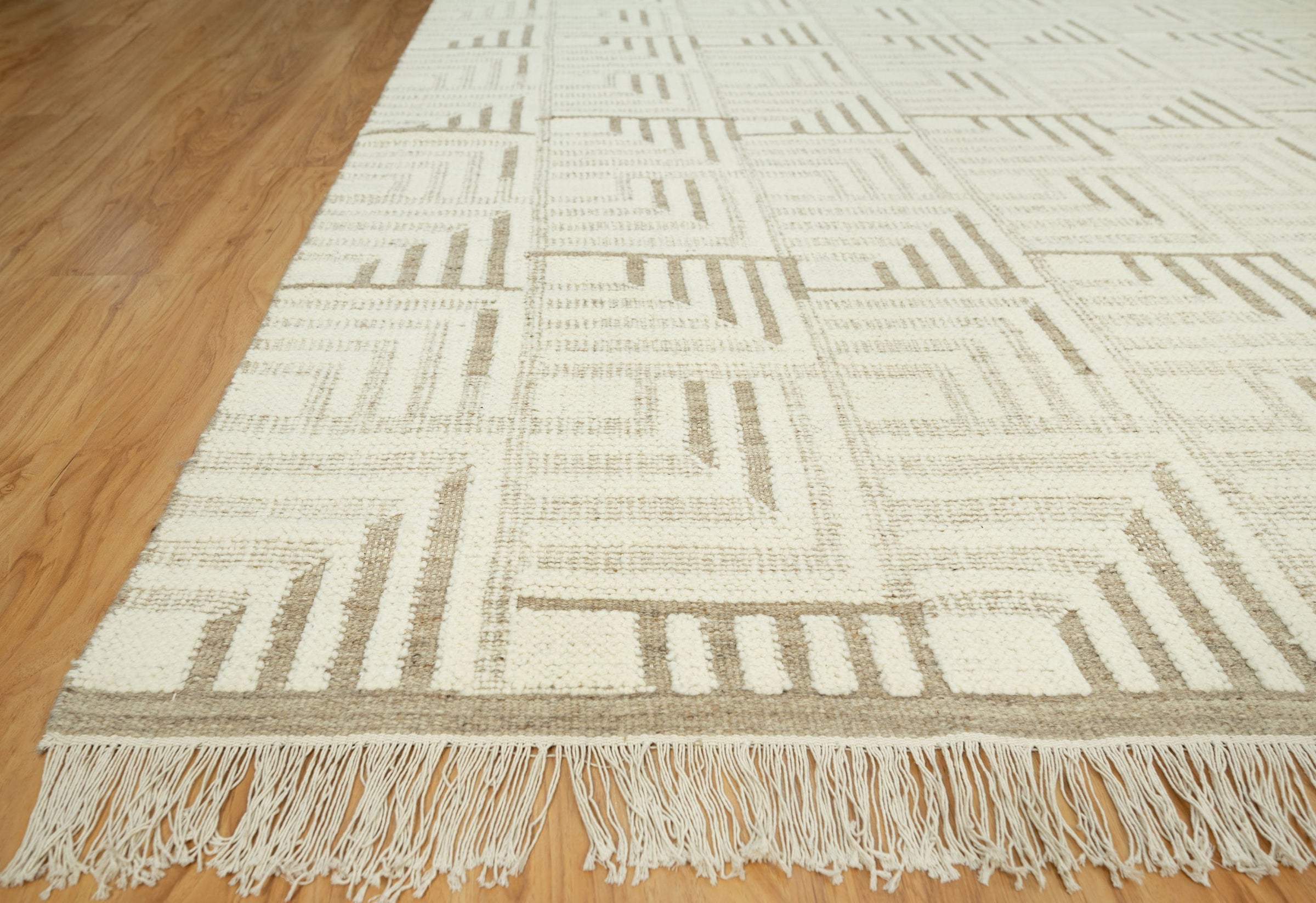 Warm Grain Gorge Ivory Wool Rug, Hand-Knotted Greek Key Maze, Cream Greige Area Rug 8x10 | Custom Size