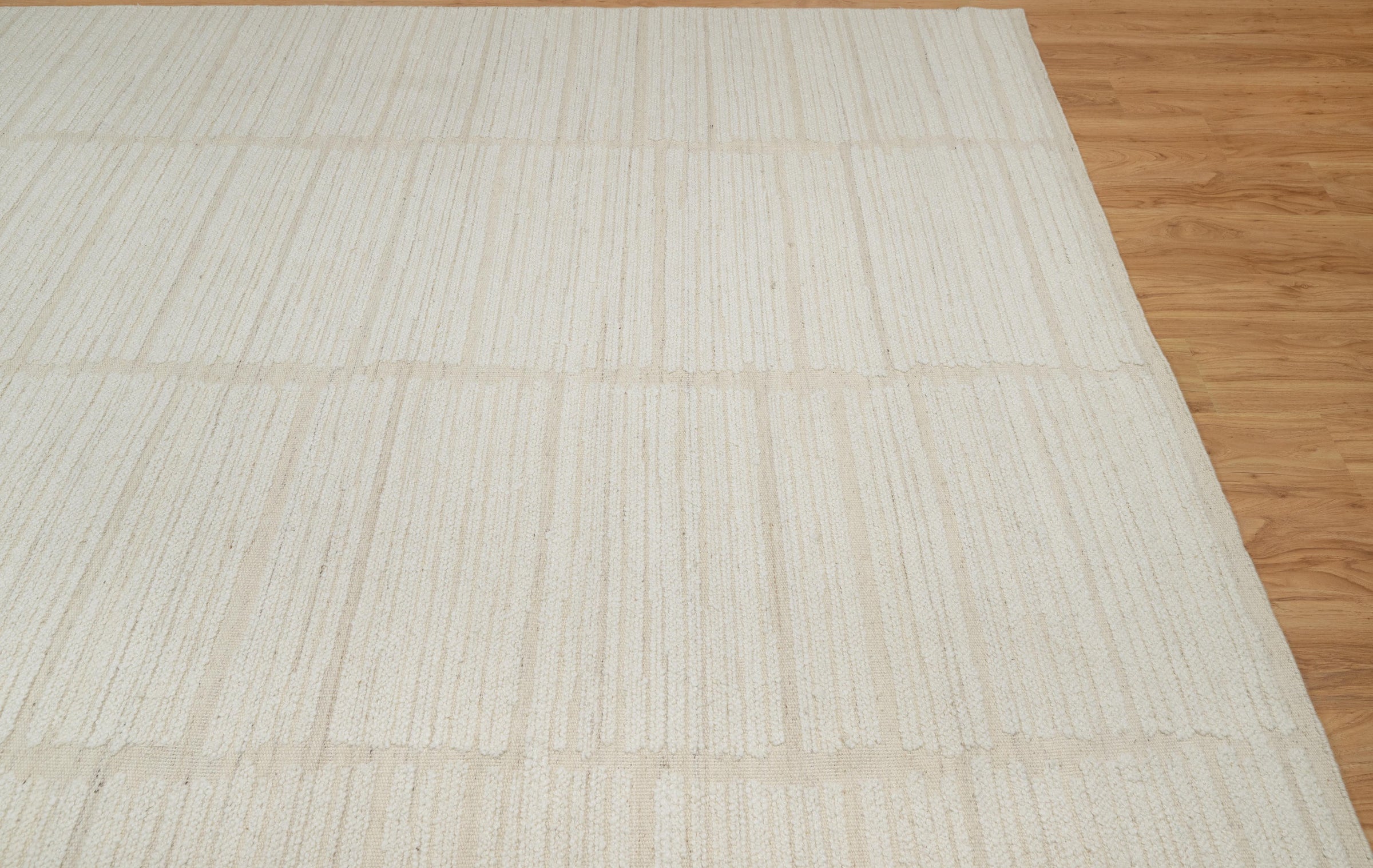 Open Field Marl Ivory Wool Rug, Hand-Knotted Tonal Panel Grid, Cream Minimalist Area Rug 9x12 | Custom Size
