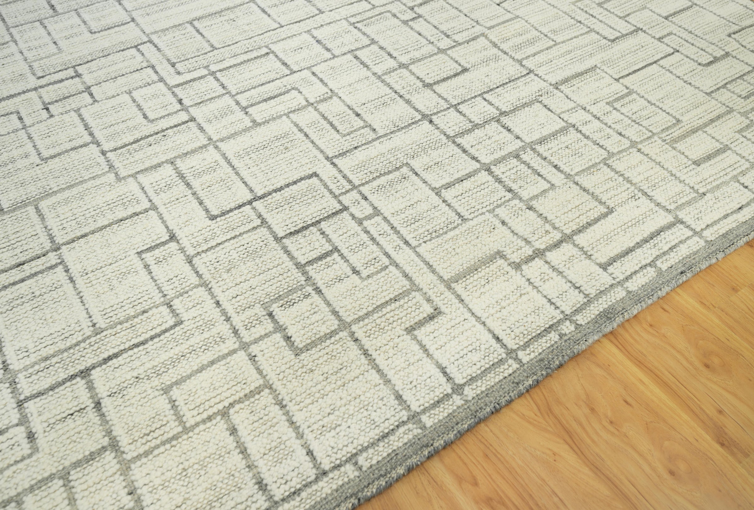 Warm Grain Delta Ivory Wool Rug, Hand-Knotted Circuit Maze, Cream Grey Abstract Area Rug 8x10 | Custom Size