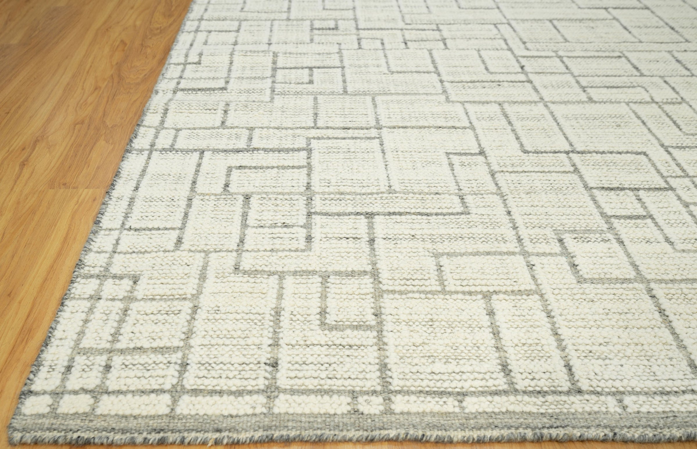 Warm Grain Delta Ivory Wool Rug, Hand-Knotted Circuit Maze, Cream Grey Abstract Area Rug 8x10 | Custom Size